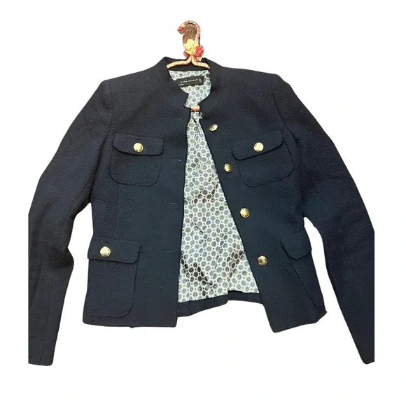 Zara Woman Chanel style navy dark blue gold button military jacket size  small